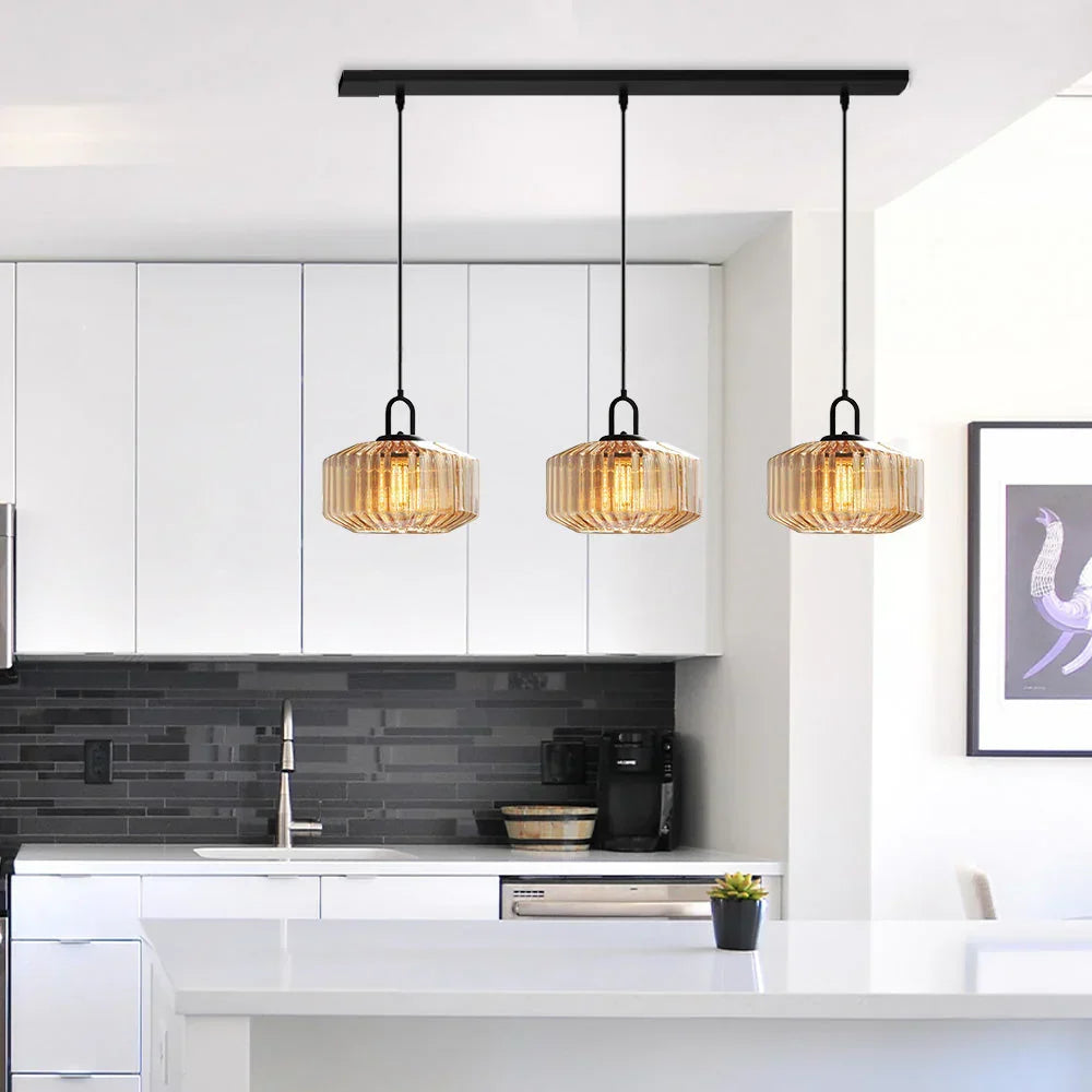 Suspension artisanale en verre en forme de goutte, abat-jour rayé vert de 28 cm pour tables de salle à manger et îlots de cuisine, luminaire suspendu compact, éclairage LED d'ambiance