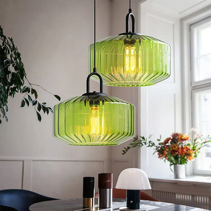 Suspension artisanale en verre en forme de goutte, abat-jour rayé vert de 28 cm pour tables de salle à manger et îlots de cuisine, luminaire suspendu compact, éclairage LED d'ambiance