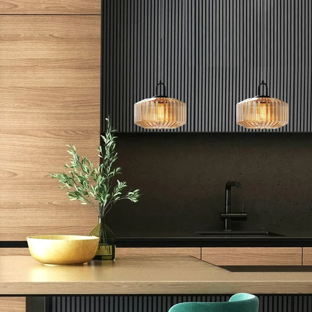 Suspension artisanale en verre en forme de goutte, abat-jour rayé vert de 28 cm pour tables de salle à manger et îlots de cuisine, luminaire suspendu compact, éclairage LED d'ambiance