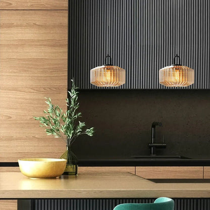 Suspension artisanale en verre en forme de goutte, abat-jour rayé vert de 28 cm pour tables de salle à manger et îlots de cuisine, luminaire suspendu compact, éclairage LED d'ambiance