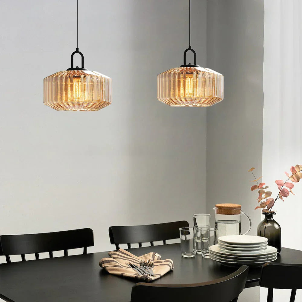 Suspension artisanale en verre en forme de goutte, abat-jour rayé vert de 28 cm pour tables de salle à manger et îlots de cuisine, luminaire suspendu compact, éclairage LED d'ambiance