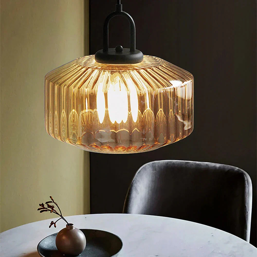 Suspension artisanale en verre en forme de goutte, abat-jour rayé vert de 28 cm pour tables de salle à manger et îlots de cuisine, luminaire suspendu compact, éclairage LED d'ambiance