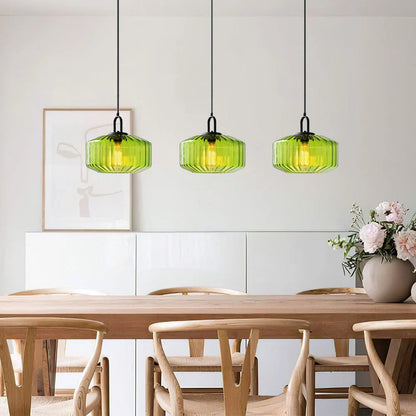 Suspension artisanale en verre en forme de goutte, abat-jour rayé vert de 28 cm pour tables de salle à manger et îlots de cuisine, luminaire suspendu compact, éclairage LED d'ambiance
