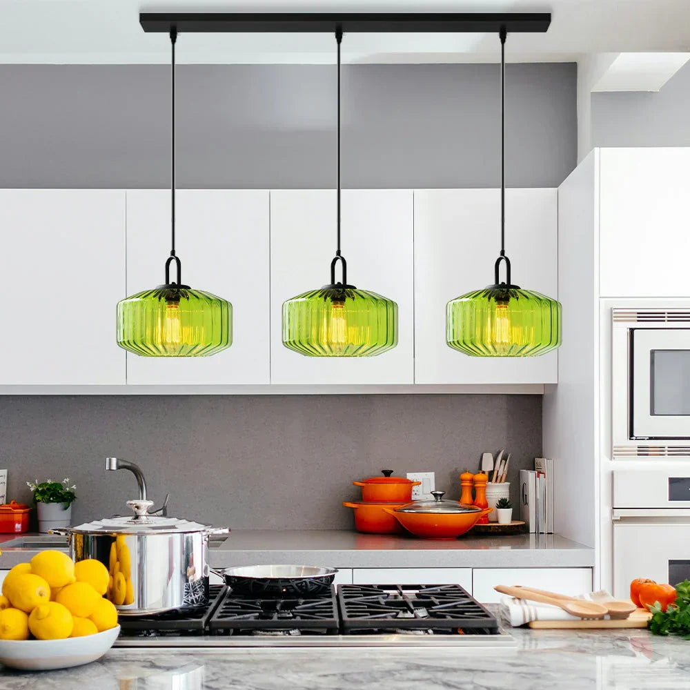 Suspension artisanale en verre en forme de goutte, abat-jour rayé vert de 28 cm pour tables de salle à manger et îlots de cuisine, luminaire suspendu compact, éclairage LED d'ambiance