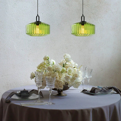 Suspension artisanale en verre en forme de goutte, abat-jour rayé vert de 28 cm pour tables de salle à manger et îlots de cuisine, luminaire suspendu compact, éclairage LED d'ambiance