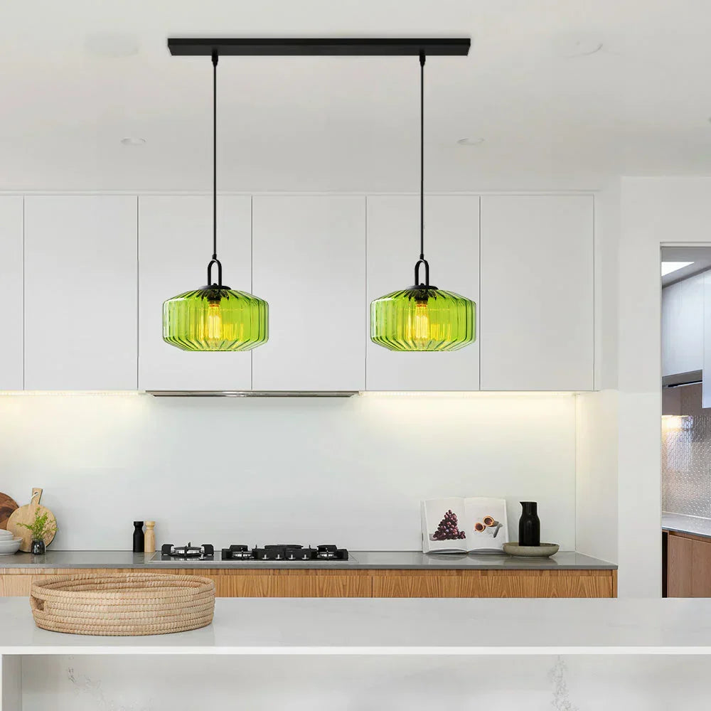 Suspension artisanale en verre en forme de goutte, abat-jour rayé vert de 28 cm pour tables de salle à manger et îlots de cuisine, luminaire suspendu compact, éclairage LED d'ambiance