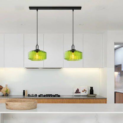 Suspension artisanale en verre en forme de goutte, abat-jour rayé vert de 28 cm pour tables de salle à manger et îlots de cuisine, luminaire suspendu compact, éclairage LED d'ambiance