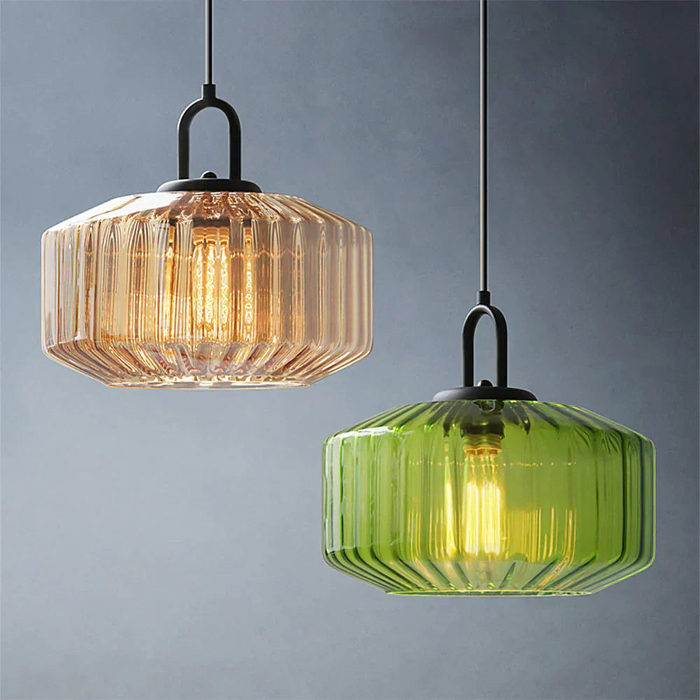 Suspension artisanale en verre en forme de goutte, abat-jour rayé vert de 28 cm pour tables de salle à manger et îlots de cuisine, luminaire suspendu compact, éclairage LED d'ambiance