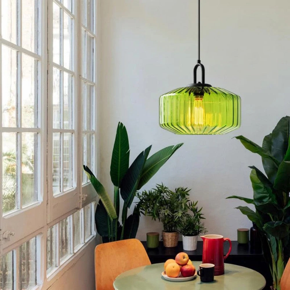 Suspension artisanale en verre en forme de goutte, abat-jour rayé vert de 28 cm pour tables de salle à manger et îlots de cuisine, luminaire suspendu compact, éclairage LED d'ambiance