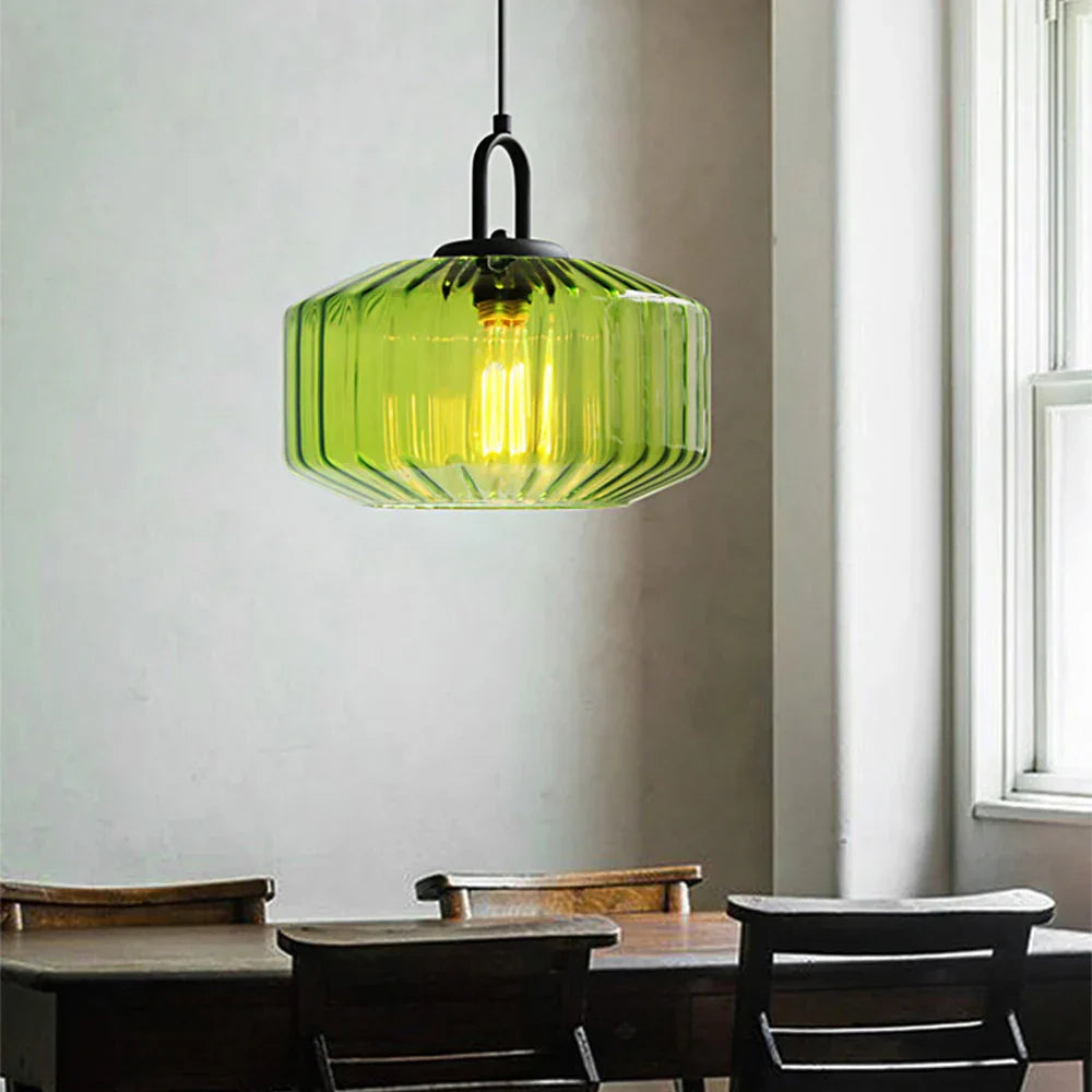 Suspension artisanale en verre en forme de goutte, abat-jour rayé vert de 28 cm pour tables de salle à manger et îlots de cuisine, luminaire suspendu compact, éclairage LED d'ambiance