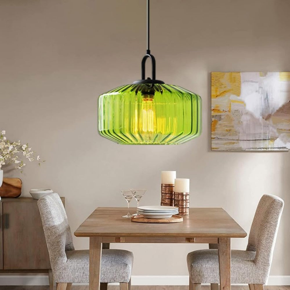 Suspension artisanale en verre en forme de goutte, abat-jour rayé vert de 28 cm pour tables de salle à manger et îlots de cuisine, luminaire suspendu compact, éclairage LED d'ambiance