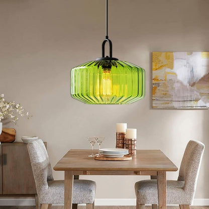 Suspension artisanale en verre en forme de goutte, abat-jour rayé vert de 28 cm pour tables de salle à manger et îlots de cuisine, luminaire suspendu compact, éclairage LED d'ambiance