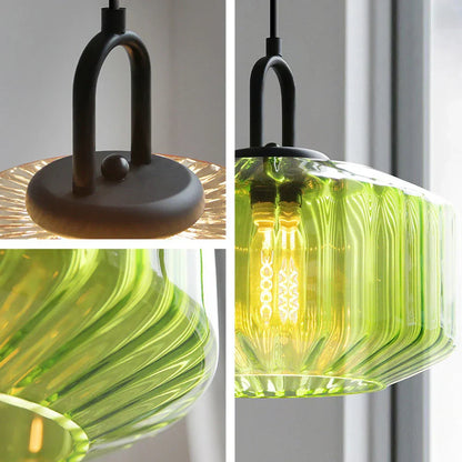 Suspension artisanale en verre en forme de goutte, abat-jour rayé vert de 28 cm pour tables de salle à manger et îlots de cuisine, luminaire suspendu compact, éclairage LED d'ambiance