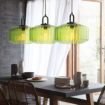 Suspension artisanale en verre en forme de goutte, abat-jour rayé vert de 28 cm pour tables de salle à manger et îlots de cuisine, luminaire suspendu compact, éclairage LED d'ambiance
