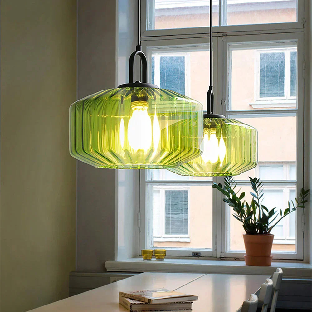 Suspension artisanale en verre en forme de goutte, abat-jour rayé vert de 28 cm pour tables de salle à manger et îlots de cuisine, luminaire suspendu compact, éclairage LED d'ambiance
