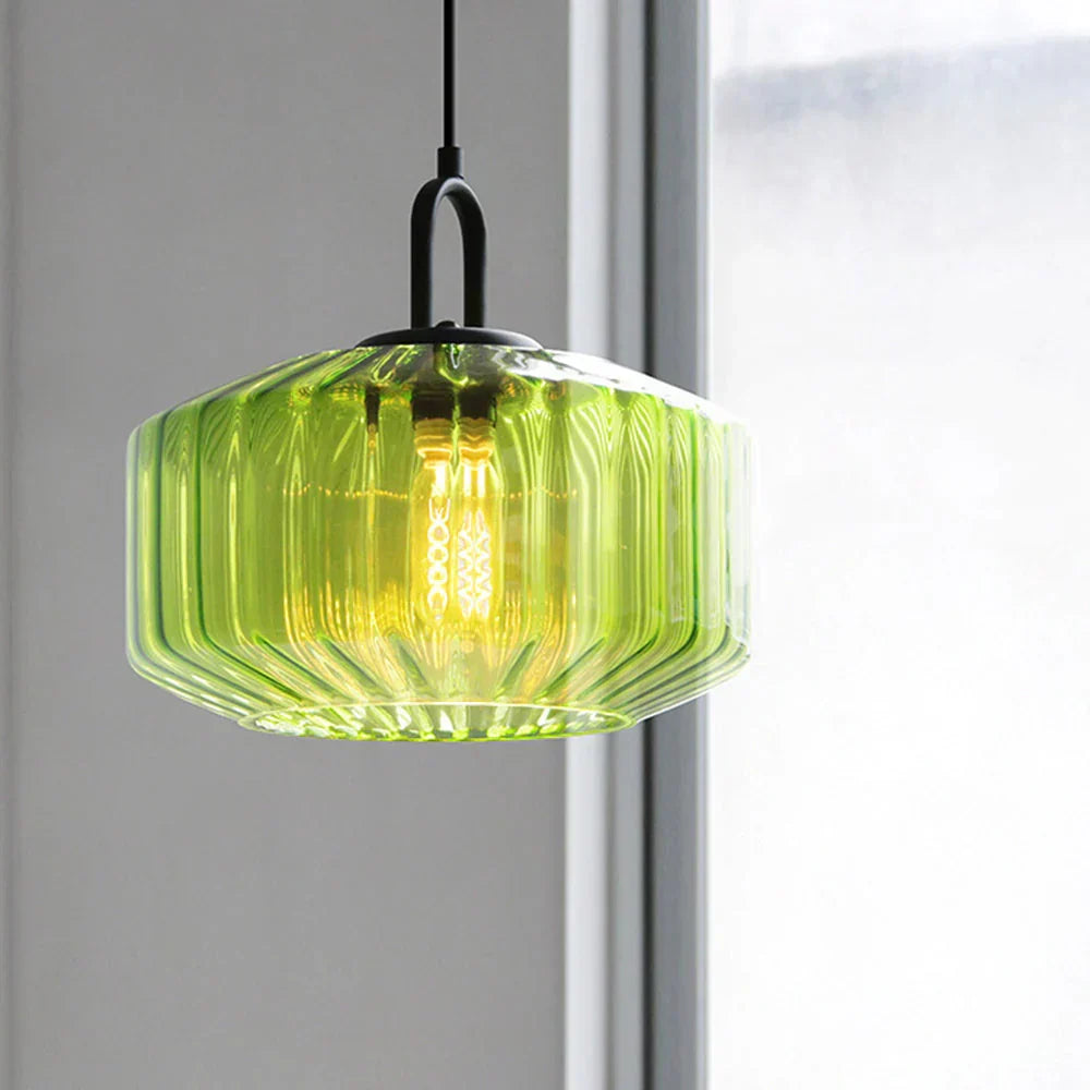 Suspension artisanale en verre en forme de goutte, abat-jour rayé vert de 28 cm pour tables de salle à manger et îlots de cuisine, luminaire suspendu compact, éclairage LED d'ambiance