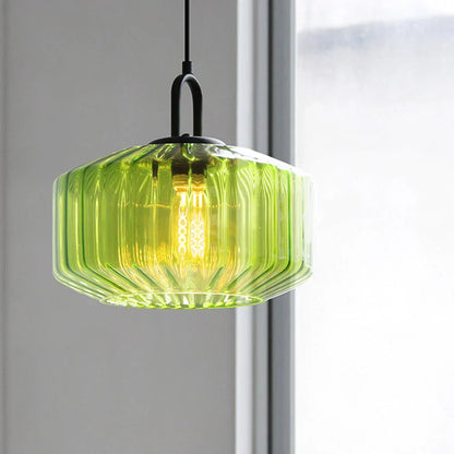 Suspension artisanale en verre en forme de goutte, abat-jour rayé vert de 28 cm pour tables de salle à manger et îlots de cuisine, luminaire suspendu compact, éclairage LED d'ambiance