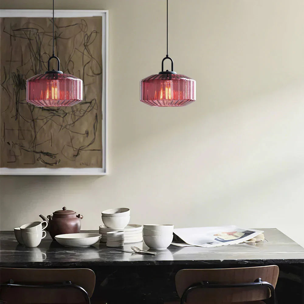 Suspension artisanale en verre en forme de goutte, abat-jour rayé vert de 28 cm pour tables de salle à manger et îlots de cuisine, luminaire suspendu compact, éclairage LED d'ambiance