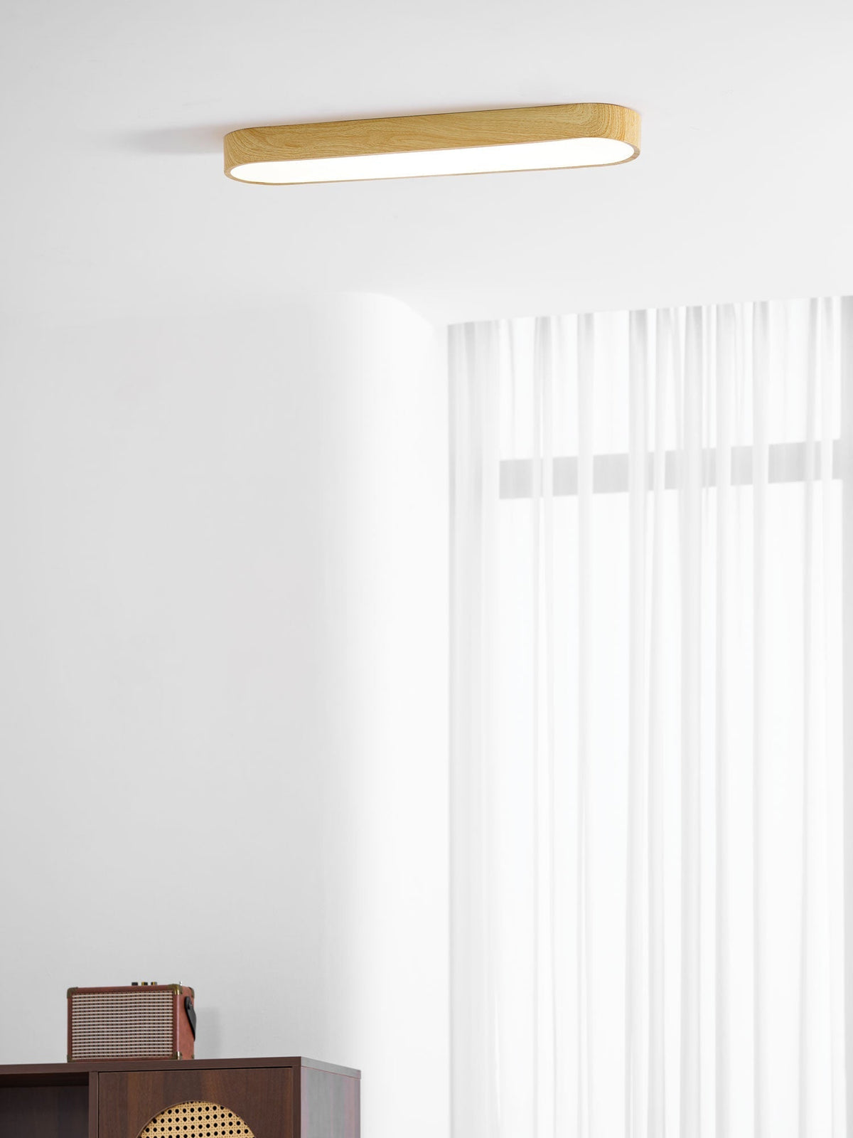 LED Flush Mount Fixture with Wood-Effect Trim 16-Inch White for Bedroom Kitchen Hallway Low Profile Integrated Ceiling Light
