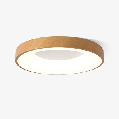 LED Flush Mount Fixture with Wood-Effect Trim 16-Inch White for Bedroom Kitchen Hallway Low Profile Integrated Ceiling Light