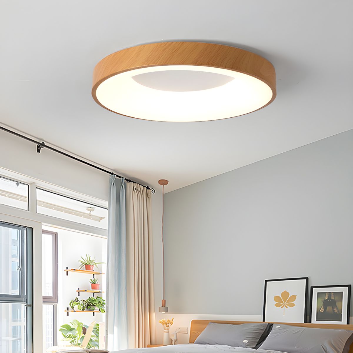 LED Flush Mount Fixture with Wood-Effect Trim 16-Inch White for Bedroom Kitchen Hallway Low Profile Integrated Ceiling Light