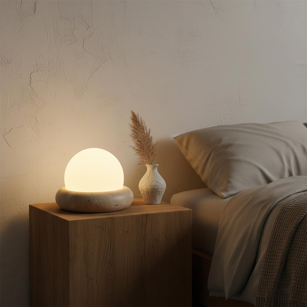 Rechargeable LED Accent Lamp Natural Stone Base Frosted Shade Wireless Remote Three Color Settings Bedroom Nightstand Desk Living Room Cordl