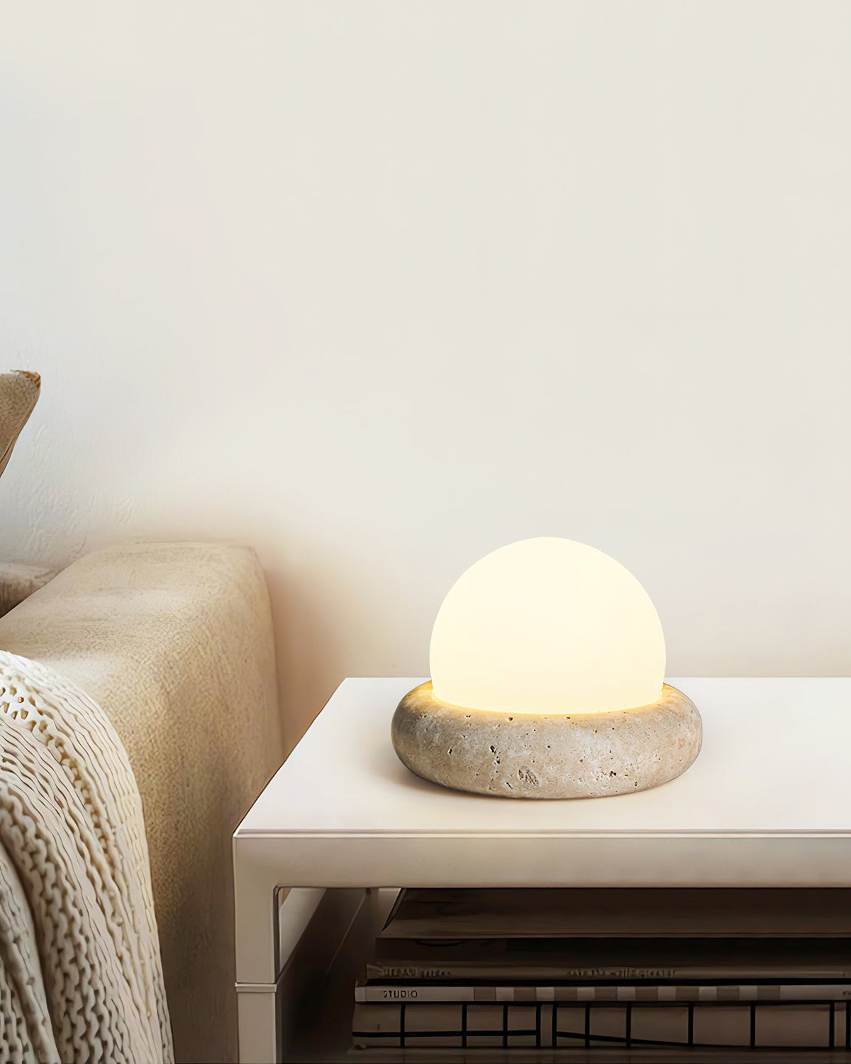 Rechargeable LED Accent Lamp Natural Stone Base Frosted Shade Wireless Remote Three Color Settings Bedroom Nightstand Desk Living Room Cordl