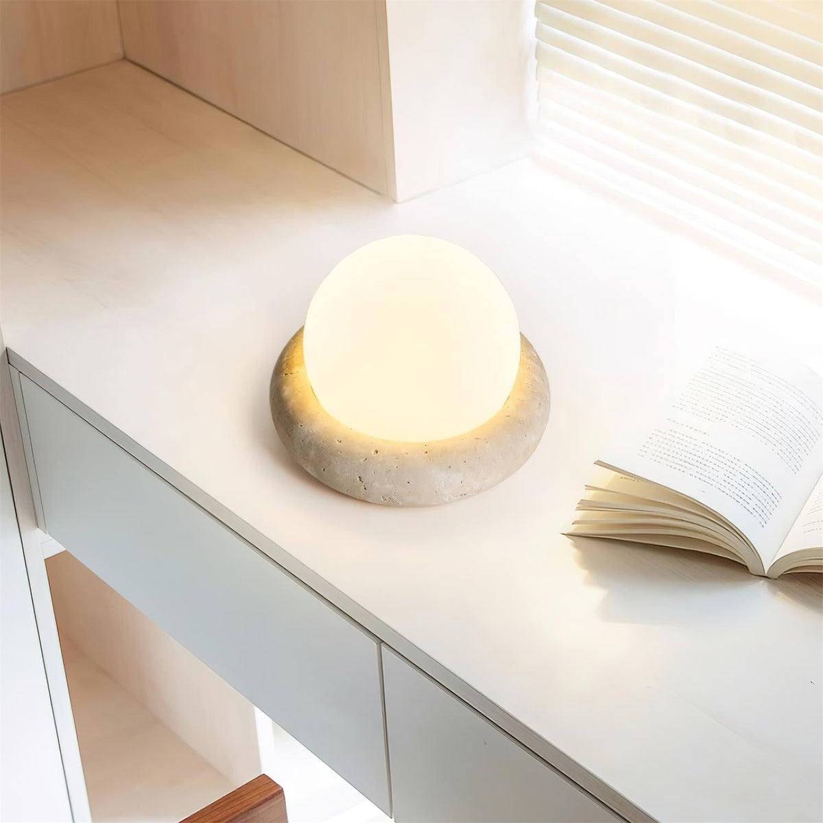 Rechargeable LED Accent Lamp Natural Stone Base Frosted Shade Wireless Remote Three Color Settings Bedroom Nightstand Desk Living Room Cordl