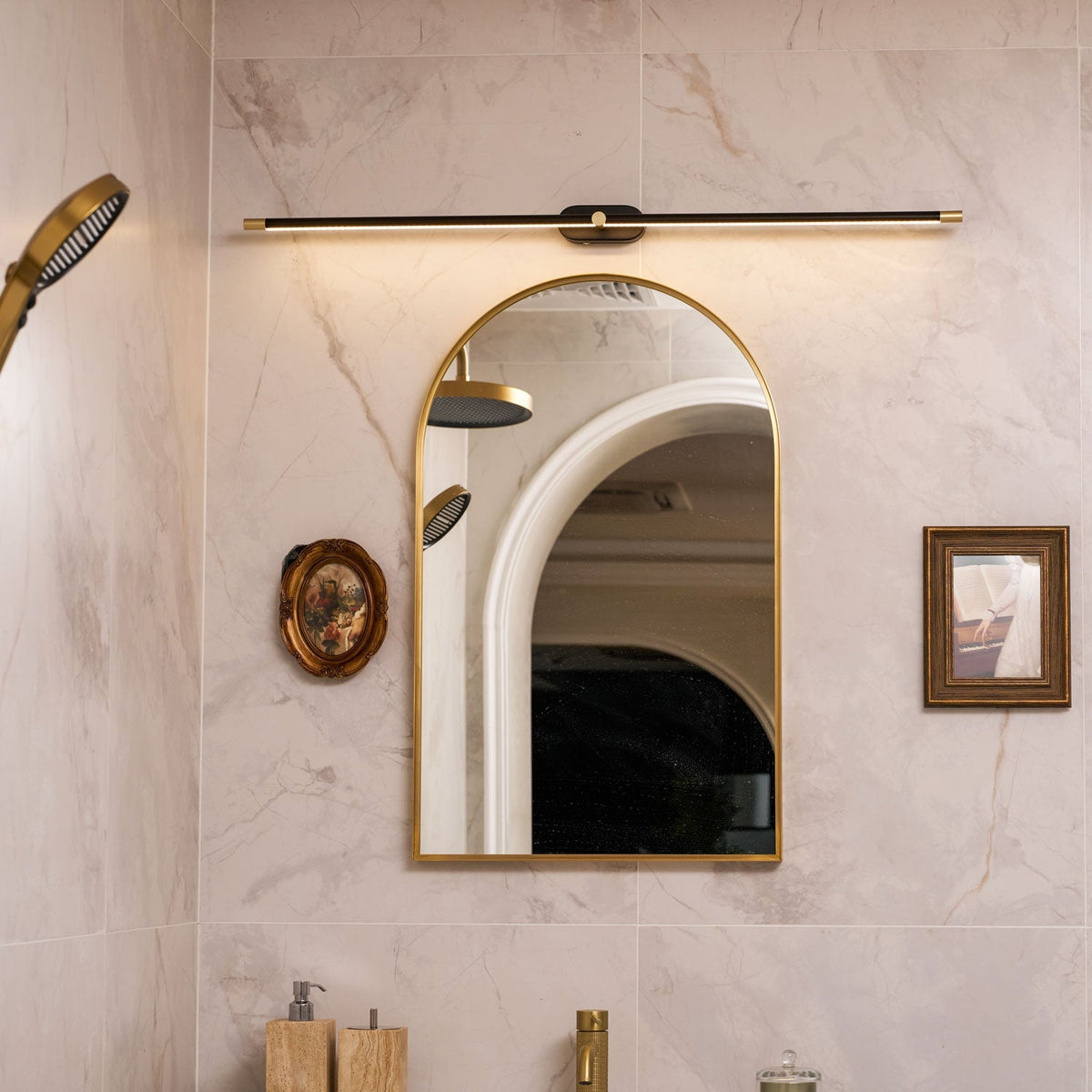 LED Bathroom Mirror Light 27 in Rechargeable Dimmable Wall Sconce Black Gold Wireless Touch Control Vanity Fixture for Powder Room