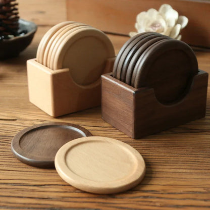 Minimalist Japanese Coaster Set – 6 Walnut and Beech Coasters with Holder for Home Decor