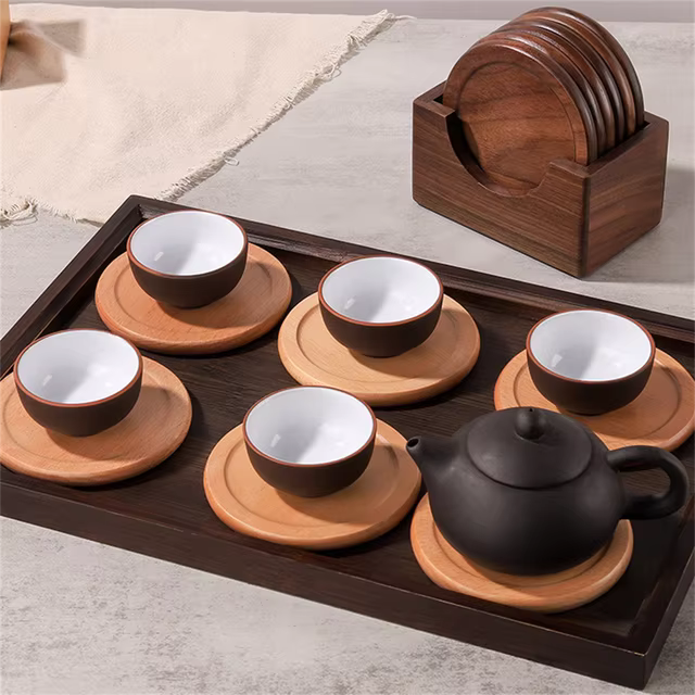 Minimalist Japanese Coaster Set – 6 Walnut and Beech Coasters with Holder for Home Decor