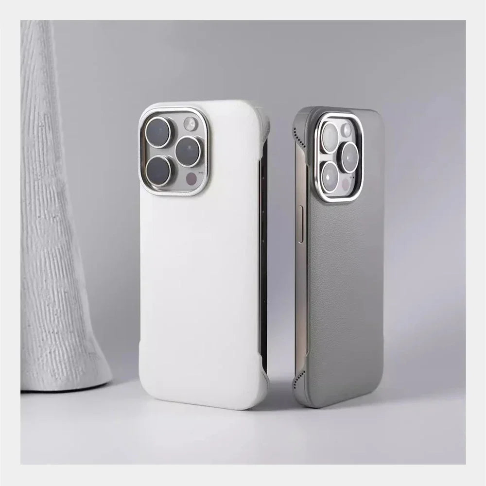 Slim Leather iPhone Case with MagSafe Compatibility – Stitched Edges, Raised Lens Guard, Non-Slip Grip for iPhone 13, 14, 15, 16 Pro Max
