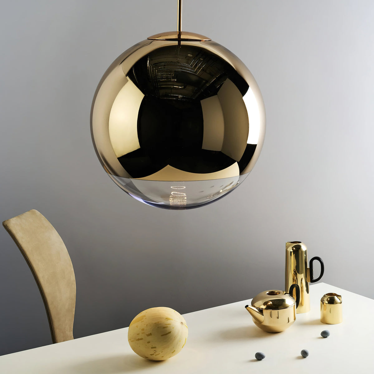 Mirror Ball Pendant Light – Modern Kitchen Pendant Lighting in Gold and Chrome, Adjustable Height, Reflective Design