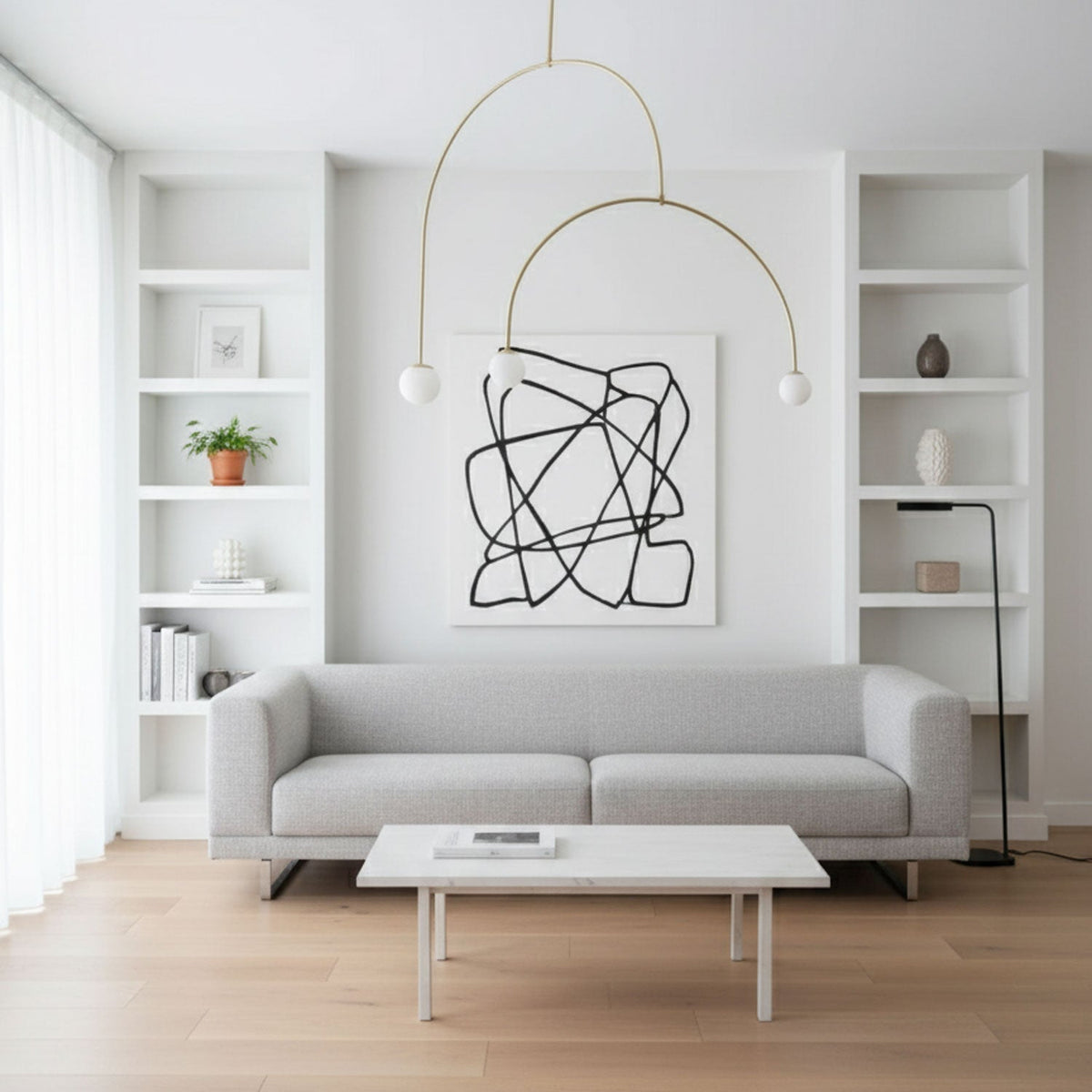 Sculptural Ceiling Light with Opaline Glass Diffusers Black & Brass Finish Multi-Arm Design for Dining Room Entryway Modern Overhead Fixture