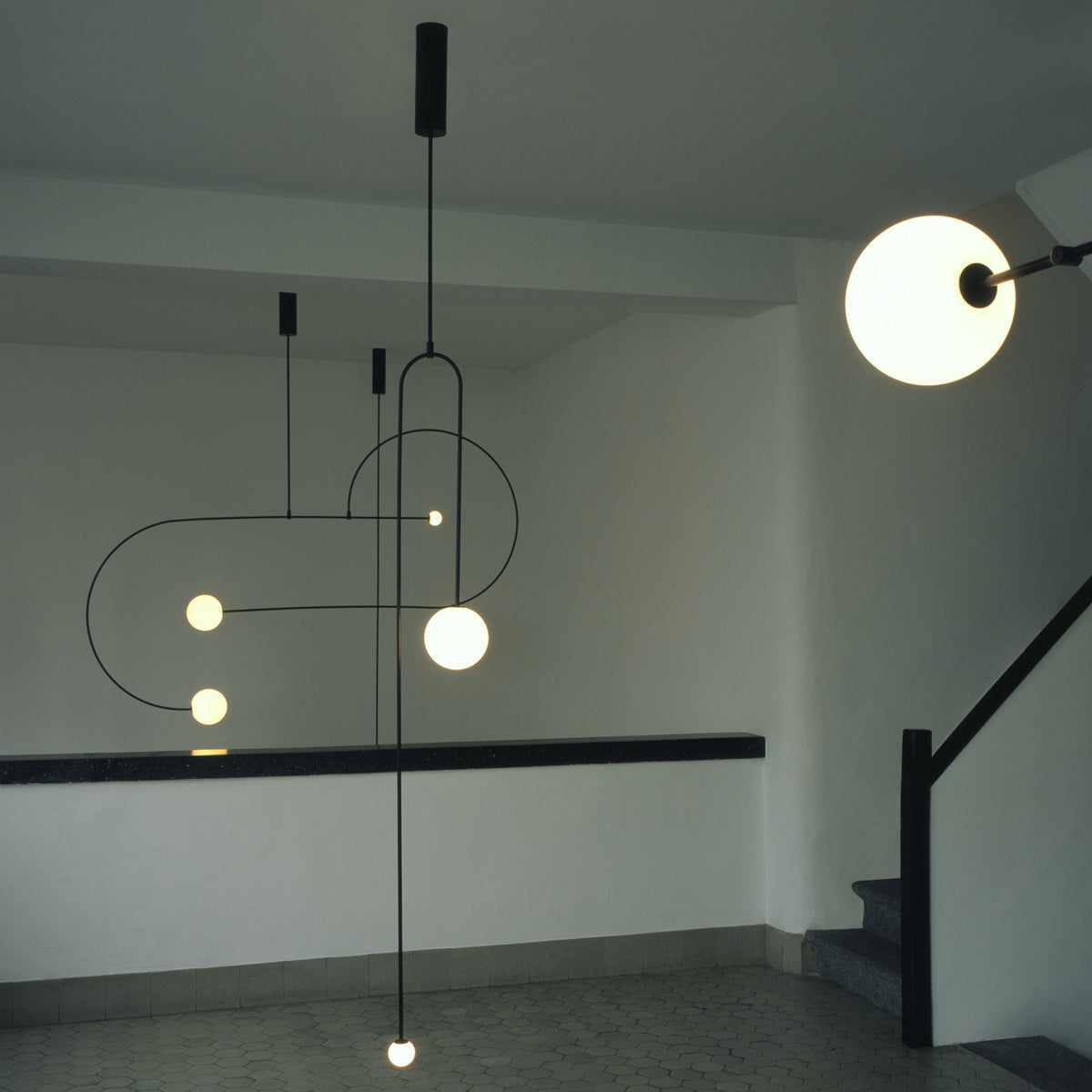 Sculptural Ceiling Light with Opaline Glass Diffusers Black & Brass Finish Multi-Arm Design for Dining Room Entryway Modern Overhead Fixture