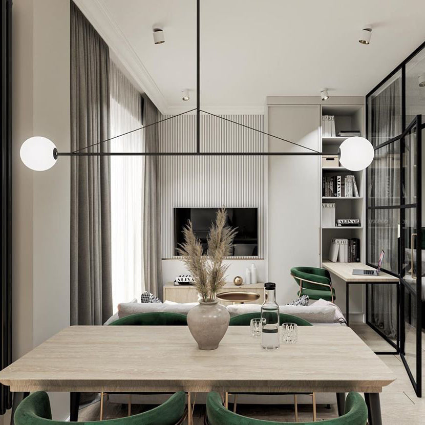 Sculptural Ceiling Light with Opaline Glass Diffusers Black & Brass Finish Multi-Arm Design for Dining Room Entryway Modern Overhead Fixture