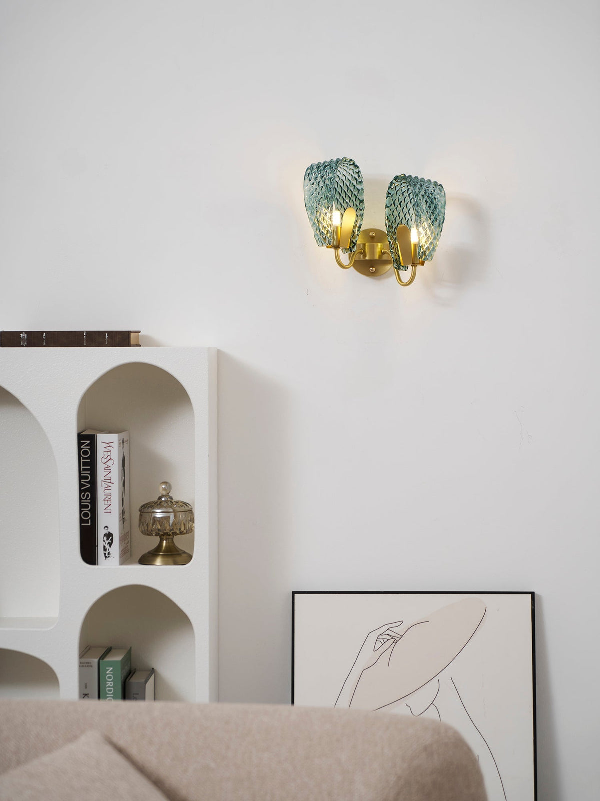 Vintage Brass and Blue Glass Wall Sconce for Bedroom Hallway Living Room – Elegant Decorative 2-Light or 3-Light Fixture with Diamond Textur