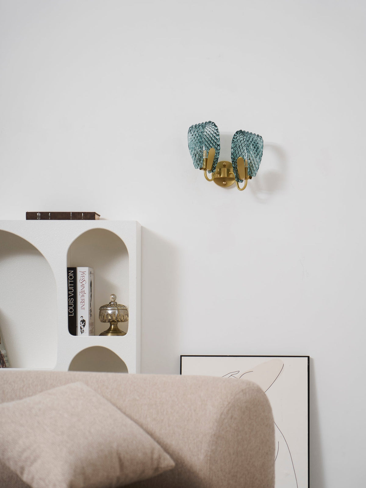 Vintage Brass and Blue Glass Wall Sconce for Bedroom Hallway Living Room – Elegant Decorative 2-Light or 3-Light Fixture with Diamond Textur