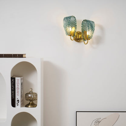 Vintage Brass and Blue Glass Wall Sconce for Bedroom Hallway Living Room – Elegant Decorative 2-Light or 3-Light Fixture with Diamond Textur