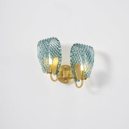 Vintage Brass and Blue Glass Wall Sconce for Bedroom Hallway Living Room – Elegant Decorative 2-Light or 3-Light Fixture with Diamond Textur