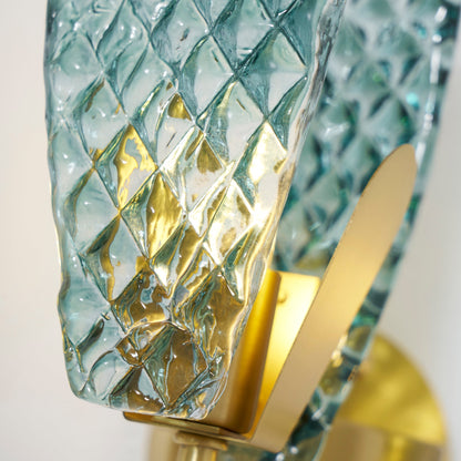Vintage Brass and Blue Glass Wall Sconce for Bedroom Hallway Living Room – Elegant Decorative 2-Light or 3-Light Fixture with Diamond Textur