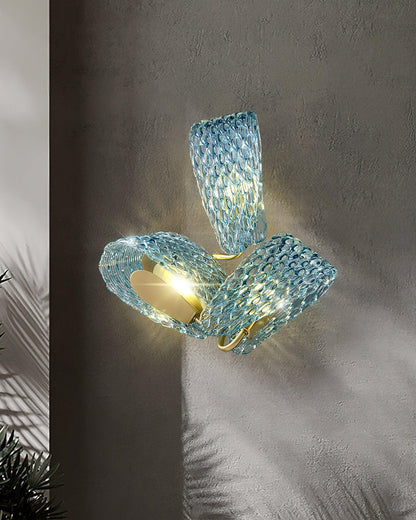 Vintage Brass and Blue Glass Wall Sconce for Bedroom Hallway Living Room – Elegant Decorative 2-Light or 3-Light Fixture with Diamond Textur