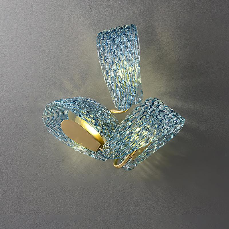 Vintage Brass and Blue Glass Wall Sconce for Bedroom Hallway Living Room – Elegant Decorative 2-Light or 3-Light Fixture with Diamond Textur