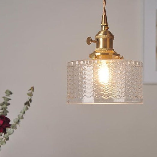 Textured Glass Drop Fixture with Brass Trim & Adjustable Cord for Kitchen Islands & Dining Spaces E27 Socket