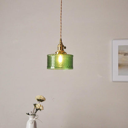 Textured Glass Drop Fixture with Brass Trim & Adjustable Cord for Kitchen Islands & Dining Spaces E27 Socket