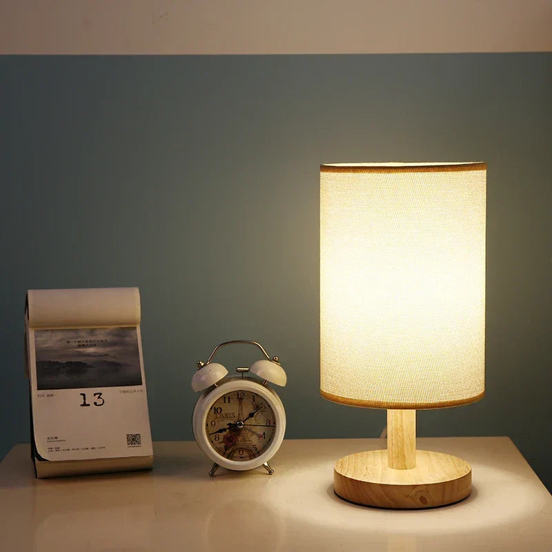 Natural Wood & Linen Table Lamp with Remote Control – Dimmable LED Touch Lamp for Bedroom, Nightstand, Desk – Minimalist Scandinavian