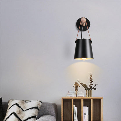 Industrial Sconce with Adjustable Cone Shade & Leather Strap for Bedroom Hallway Reading Task Lighting Wood Iron E27 Socket