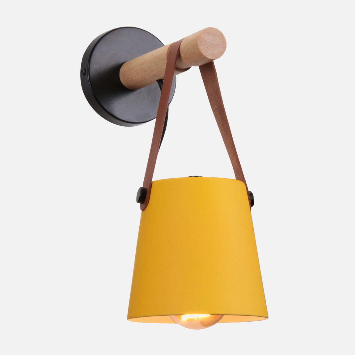 Industrial Sconce with Adjustable Cone Shade & Leather Strap for Bedroom Hallway Reading Task Lighting Wood Iron E27 Socket