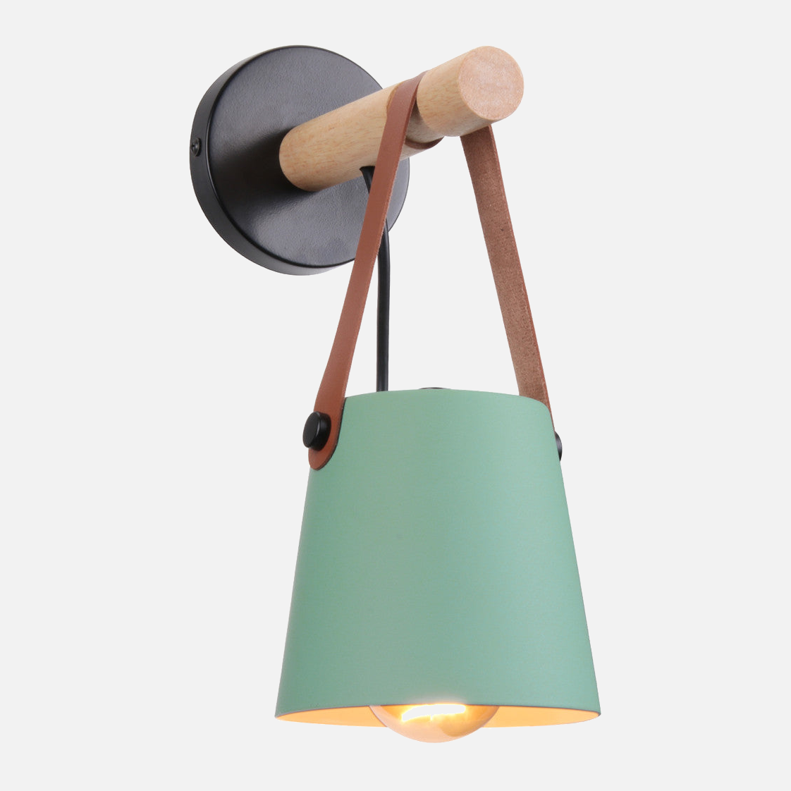 Industrial Sconce with Adjustable Cone Shade & Leather Strap for Bedroom Hallway Reading Task Lighting Wood Iron E27 Socket