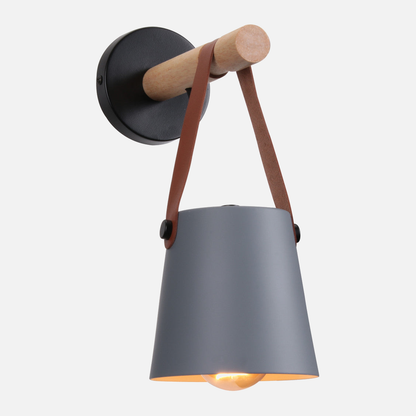 Industrial Sconce with Adjustable Cone Shade & Leather Strap for Bedroom Hallway Reading Task Lighting Wood Iron E27 Socket